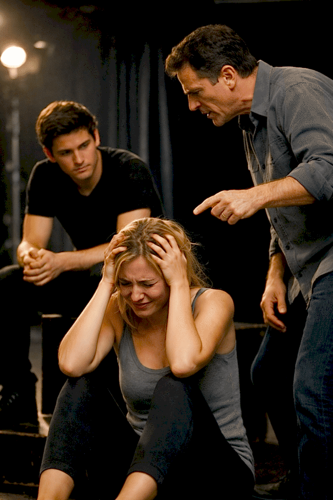 Oyunculuk eğitimi baskıcı prova sahnesi ağlayan öğrenci ve ayakta duran eğitmen